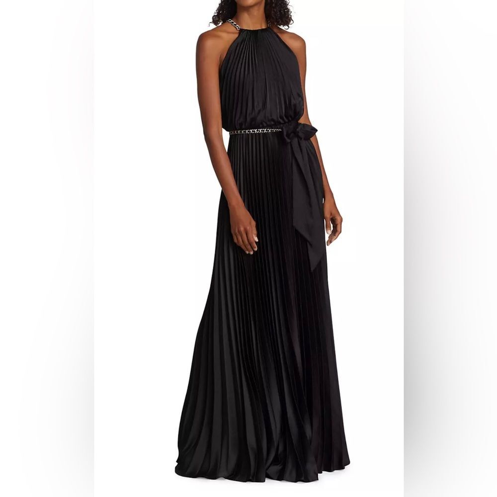 ML Monique Lhuillier Satin Chain-Link Belt Pleated Gown, Black, New, Size 8 - Picture 11 of 12